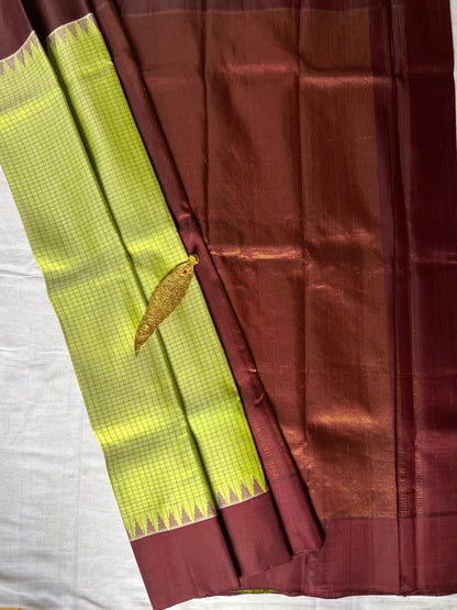 Checked Temple design Gadwal silk saree - Green & Brown