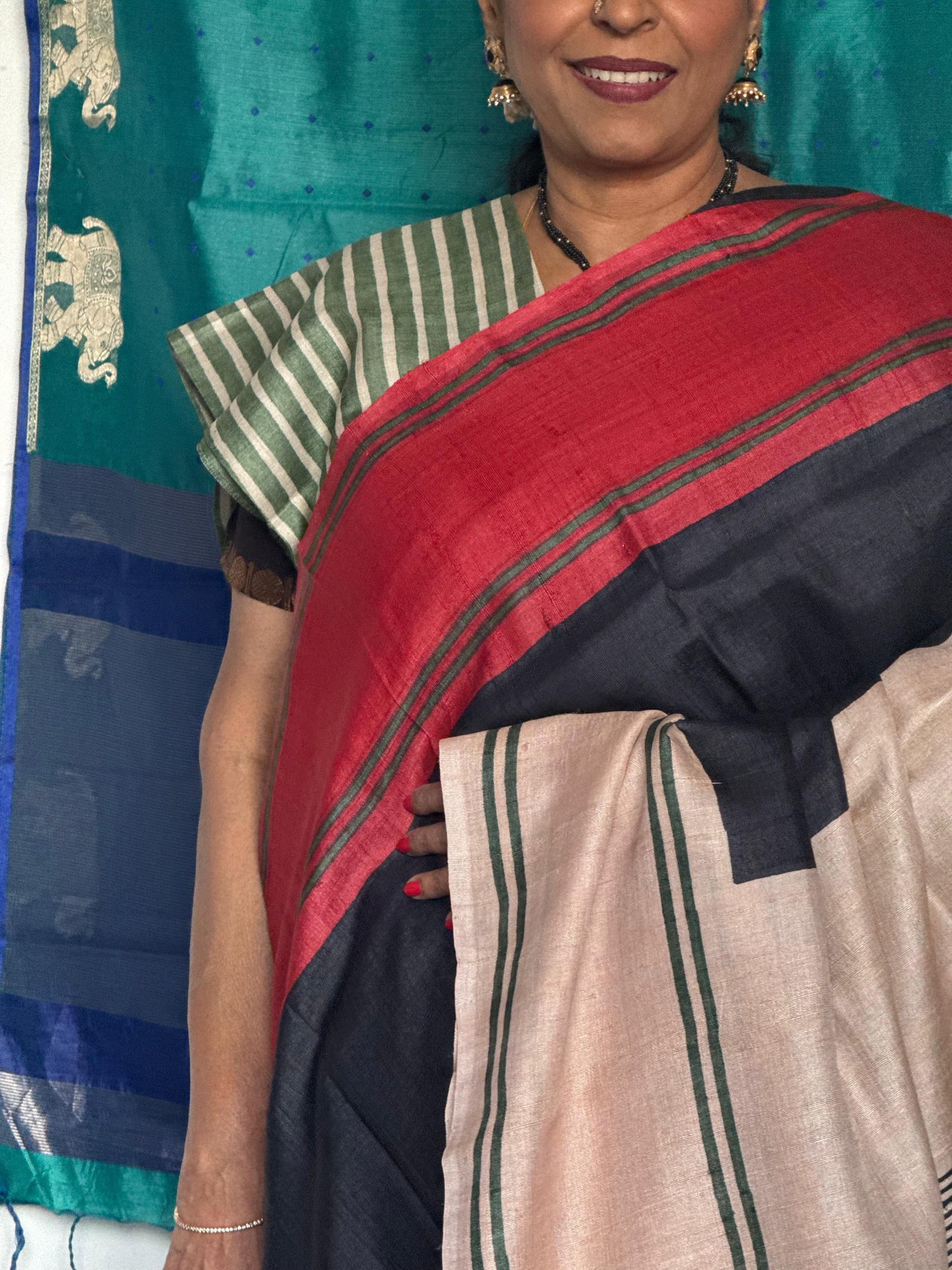 Monochrome & Red Geometric Tussar silk