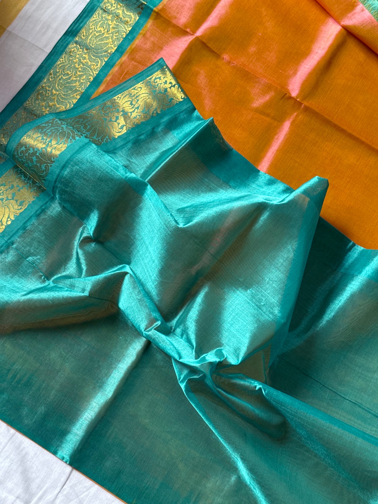 Pure Silk Cotton saree - Peach and Turquoise
