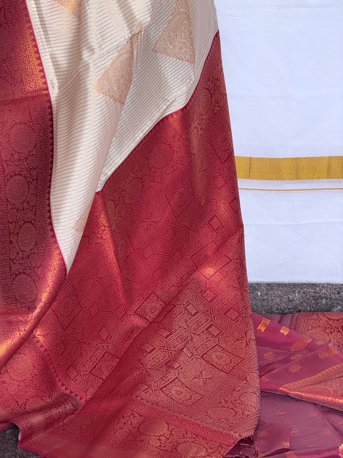 Semi Soft Silk Saree – White & Red (Onam Special)