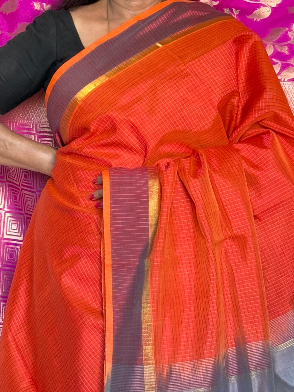 Checked Silk Cotton saree - Orange & Grey
