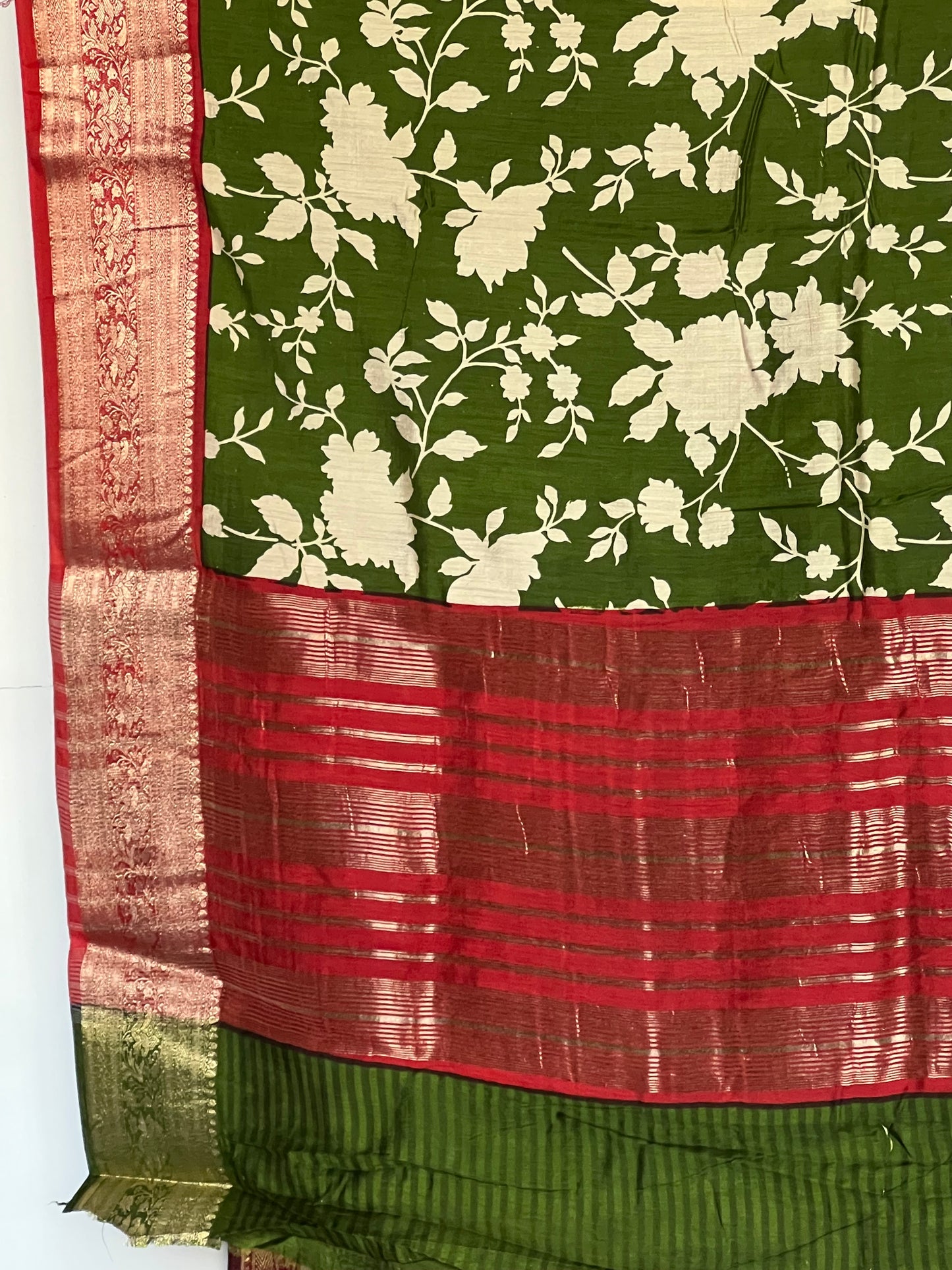 Olive green & red semi crepe silk saree