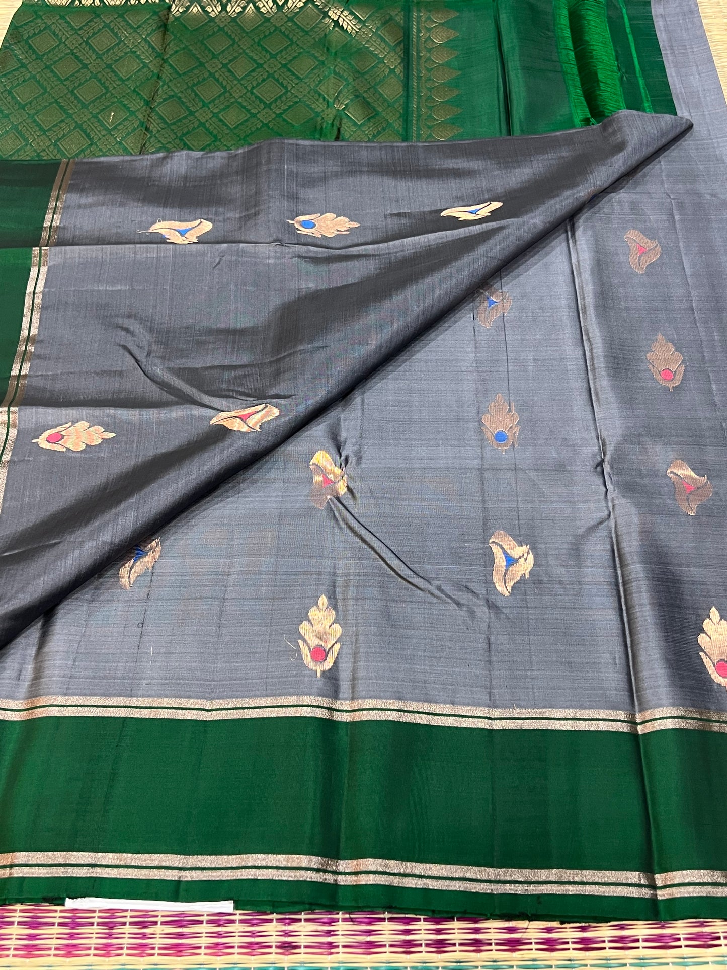 Grey & Green Kanchivaram silk saree