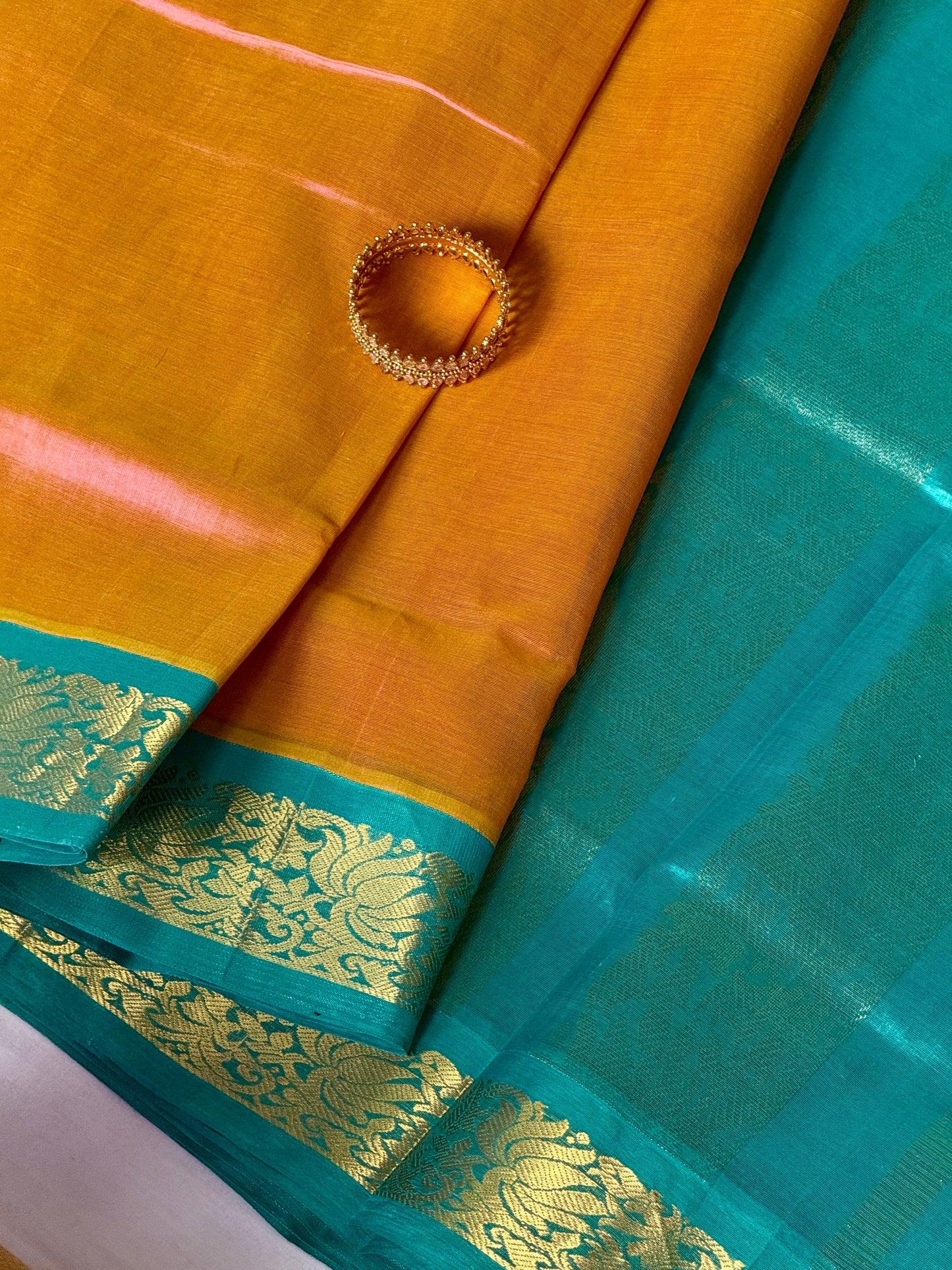Pure Silk Cotton saree - Peach and Turquoise