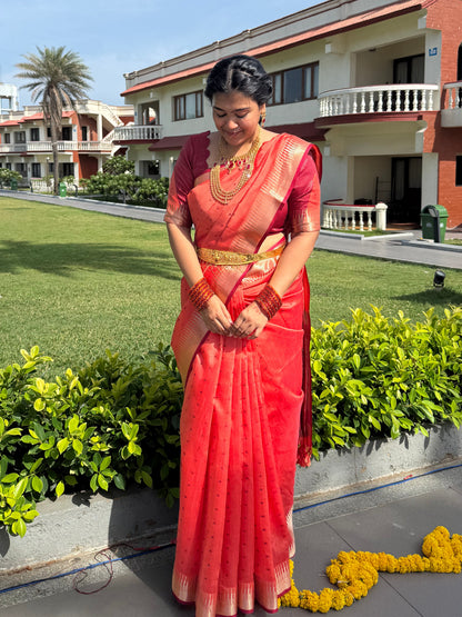 Pinkish orange semi silk saree