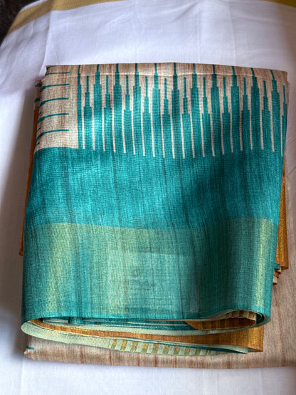 Semi tussar saree with contrast teal pallu