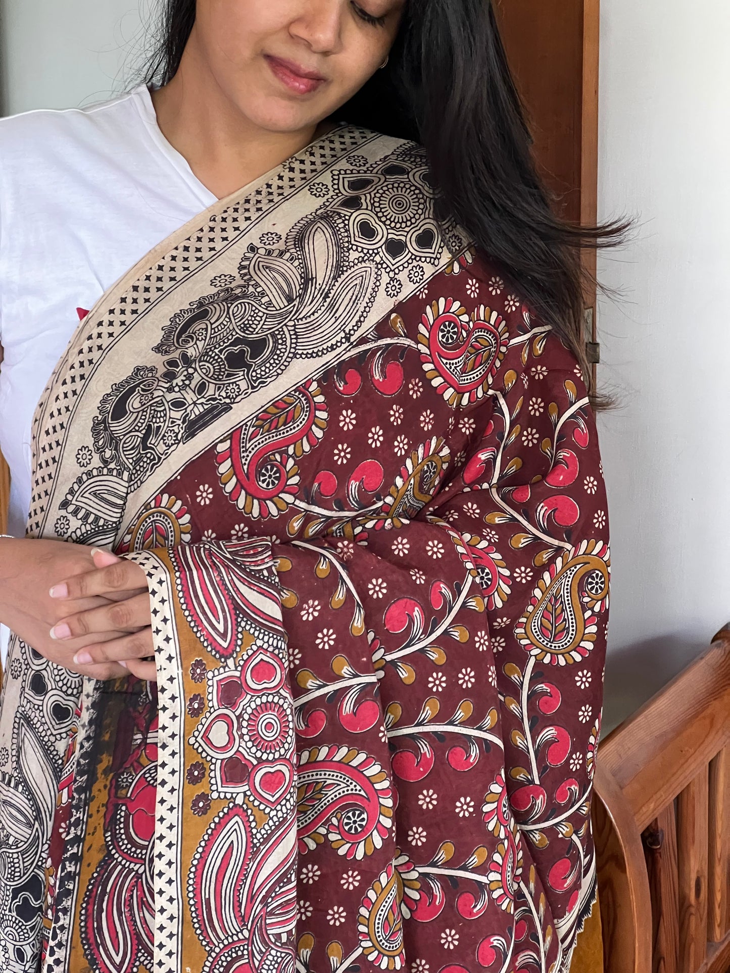 Maroon Kalamkari cotton saree