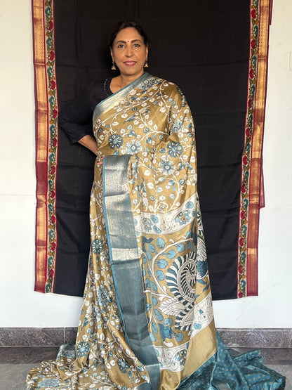 Olive green & blue semi Tussar silk saree