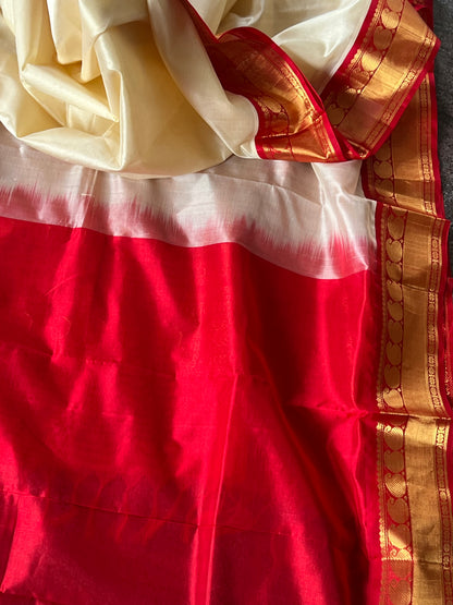 Cream and red kanchivaram silk cotton saree