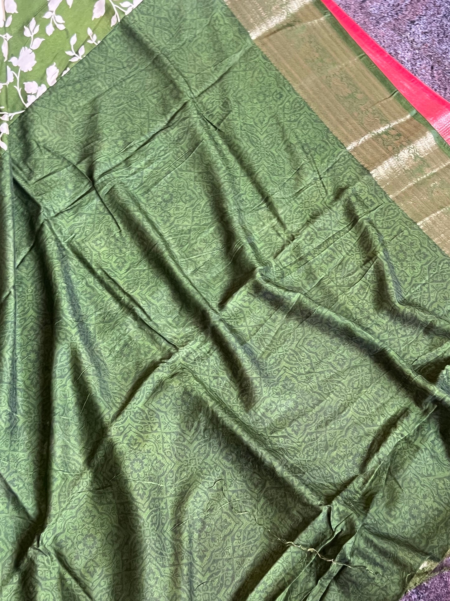 Olive green & red semi crepe silk saree