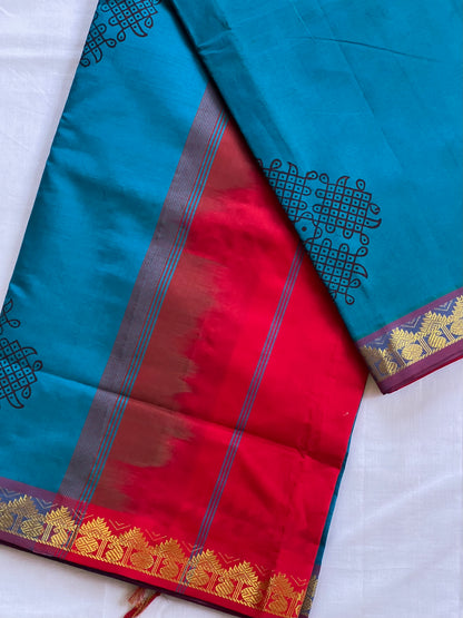 Red & blue kolam semi silk cotton saree