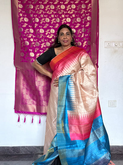 Semi tussar saree with contrast blue pallu