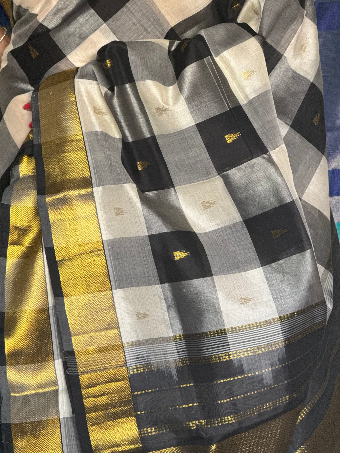 Black & White checks silk cotton saree
