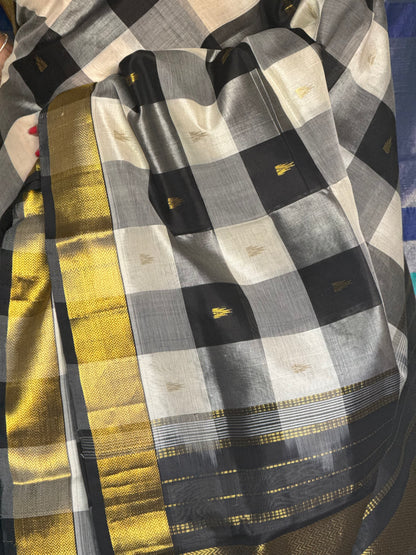 Black & White checks silk cotton saree