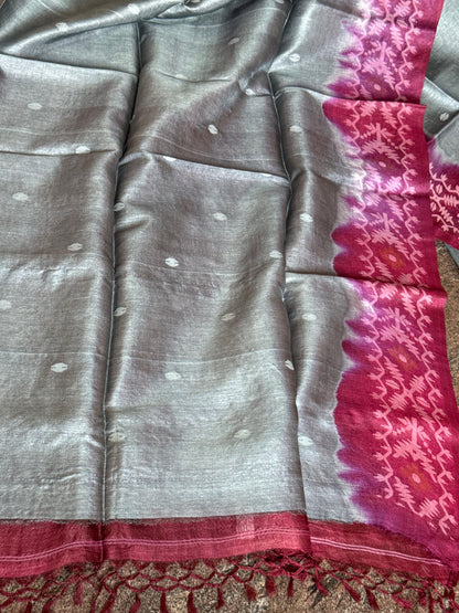 Silver-Grey & Plum Tussar Silk