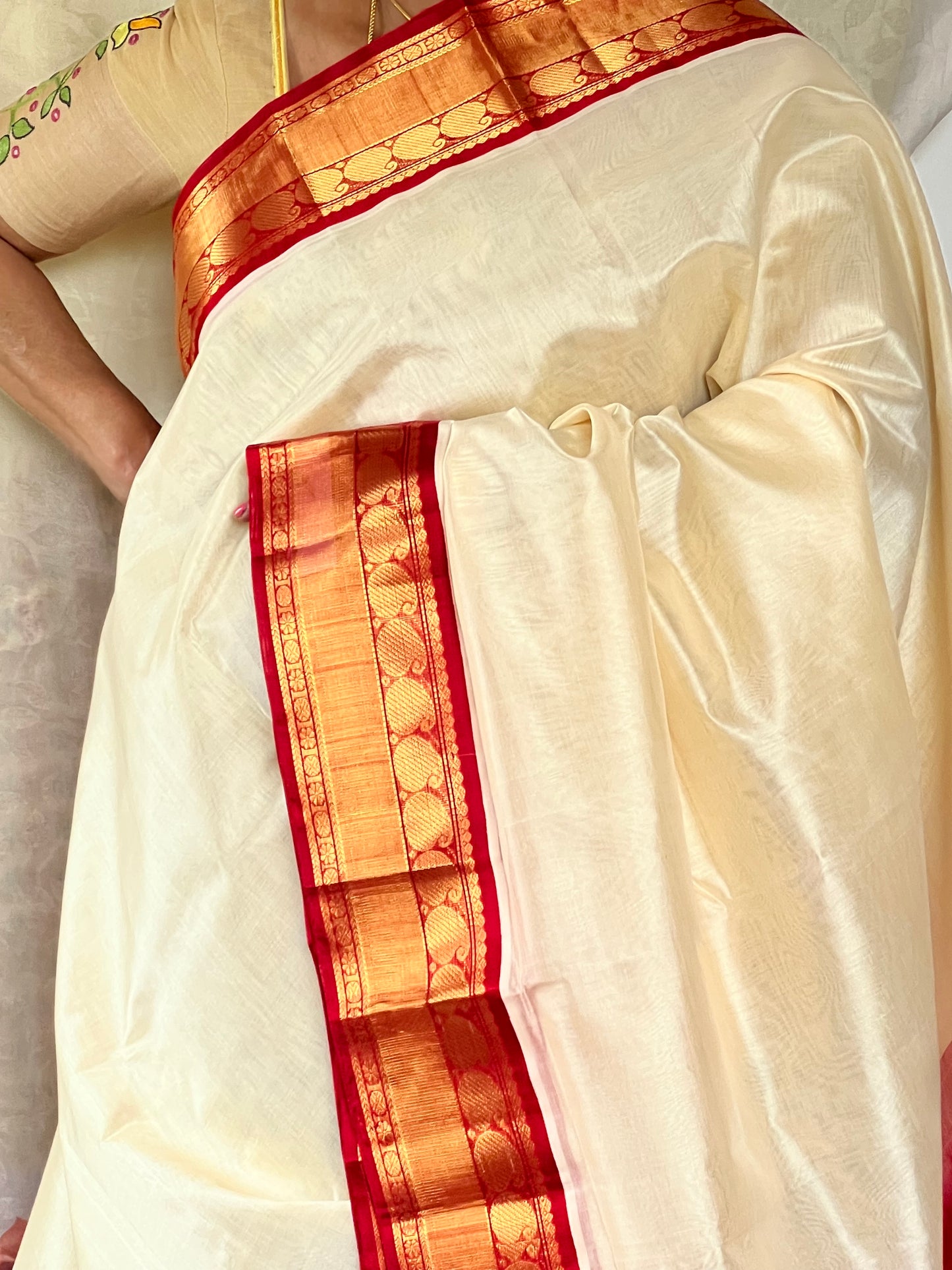 Cream white Kanchivaram silk cotton saree
