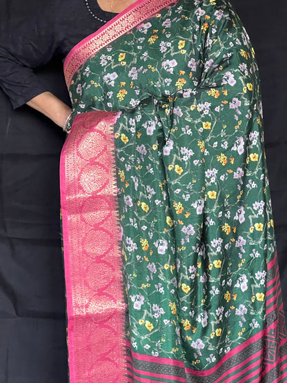 Dark green semi printed crepe saree