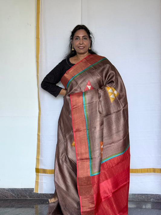 Printed Tussar saree - Brown