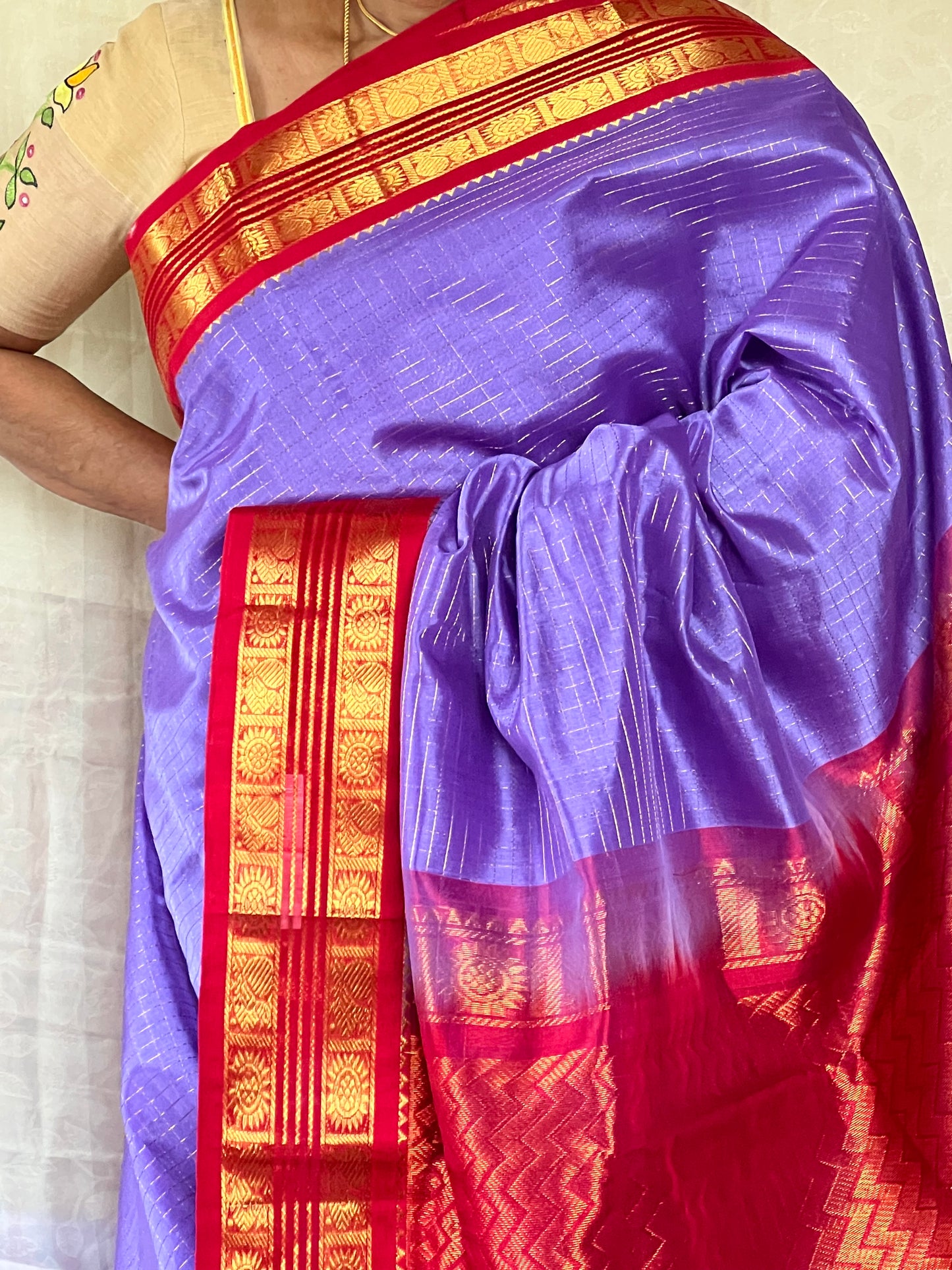 Lilac and Red korwai silk cotton saree