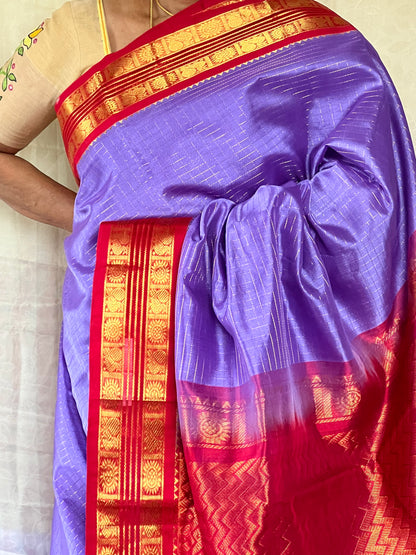 Lilac and Red korwai silk cotton saree