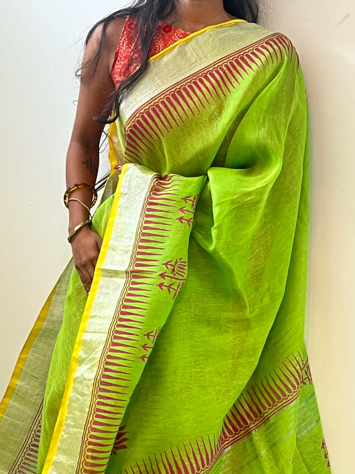 Green linen saree