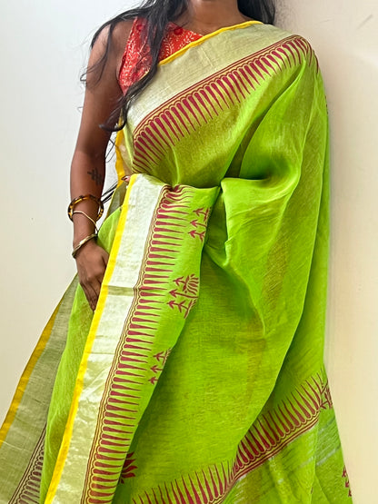 Green linen saree