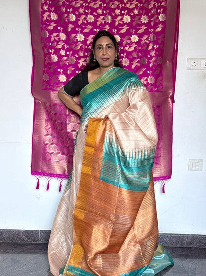 Semi tussar saree with contrast teal pallu