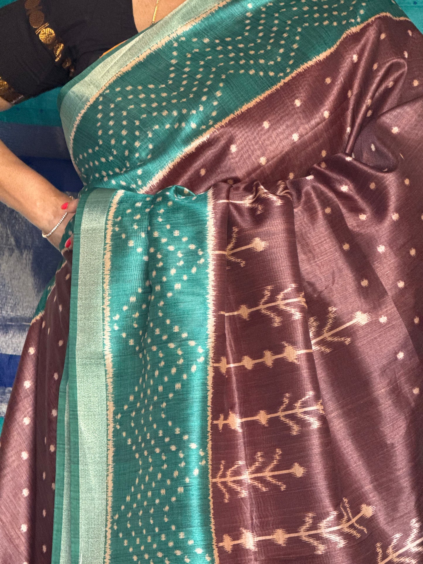 Green & brown semi tussar saree