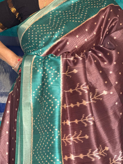 Green & brown semi tussar saree
