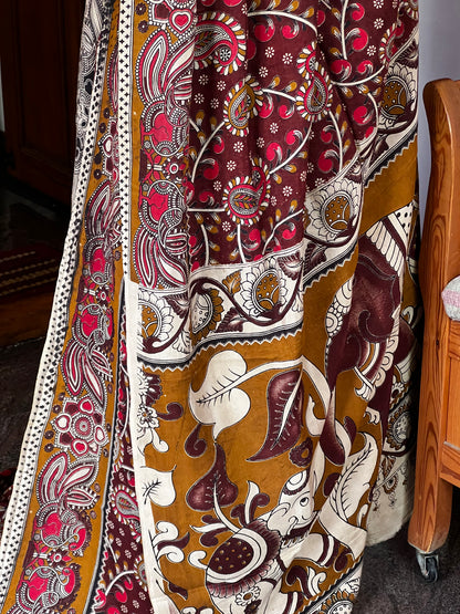 Maroon Kalamkari cotton saree