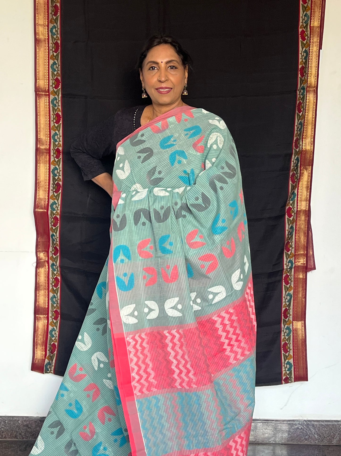 Teal mangalagiri block printed cotton saree