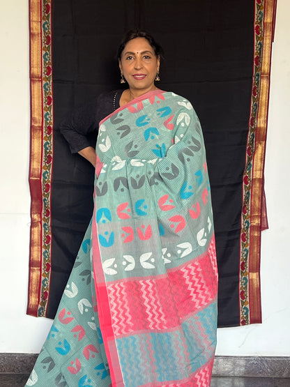 Teal mangalagiri block printed cotton saree