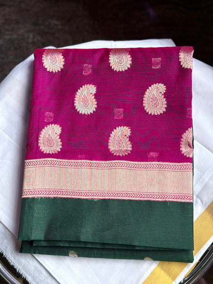 Semi Silk Cotton saree - Green & Pink