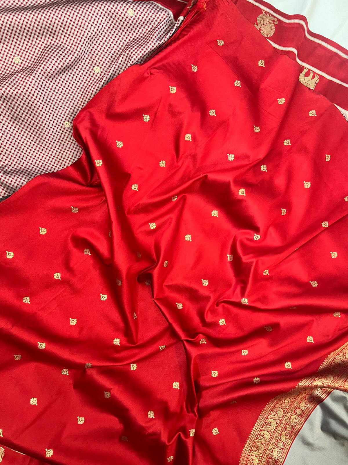 Red checks semi silk saree