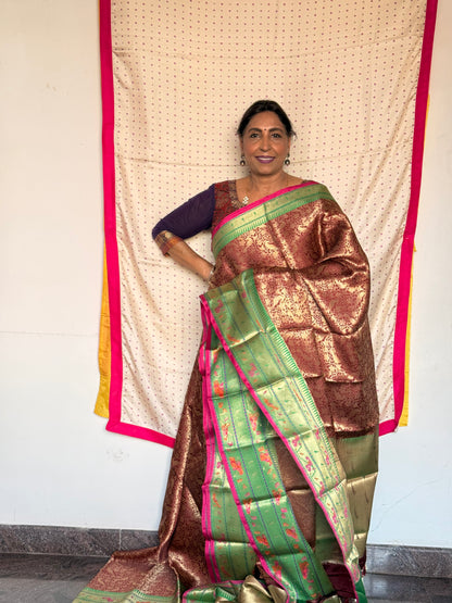 Maroon & parrot green semi banaras saree