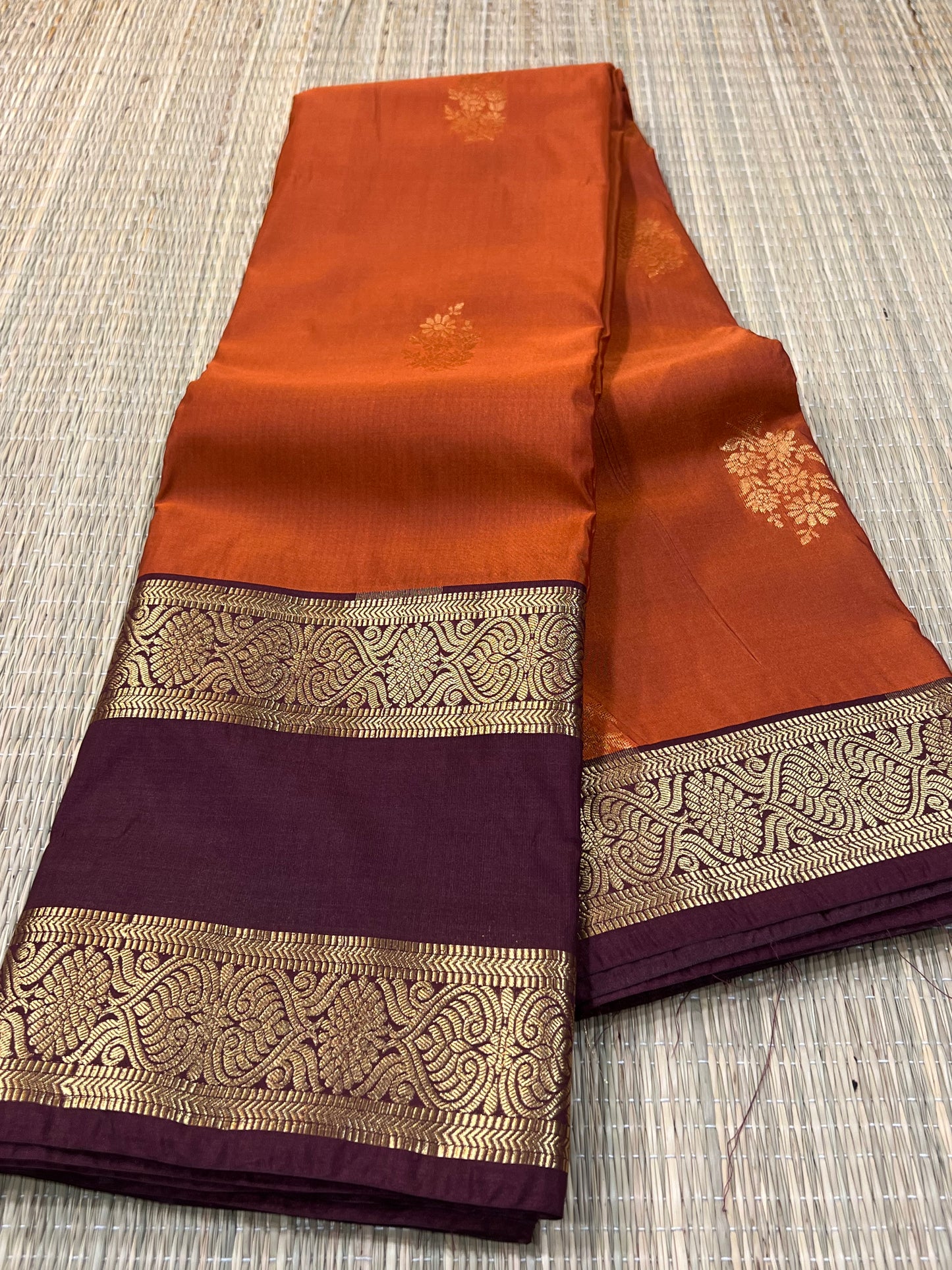 Rust Orange & brown semi silk saree