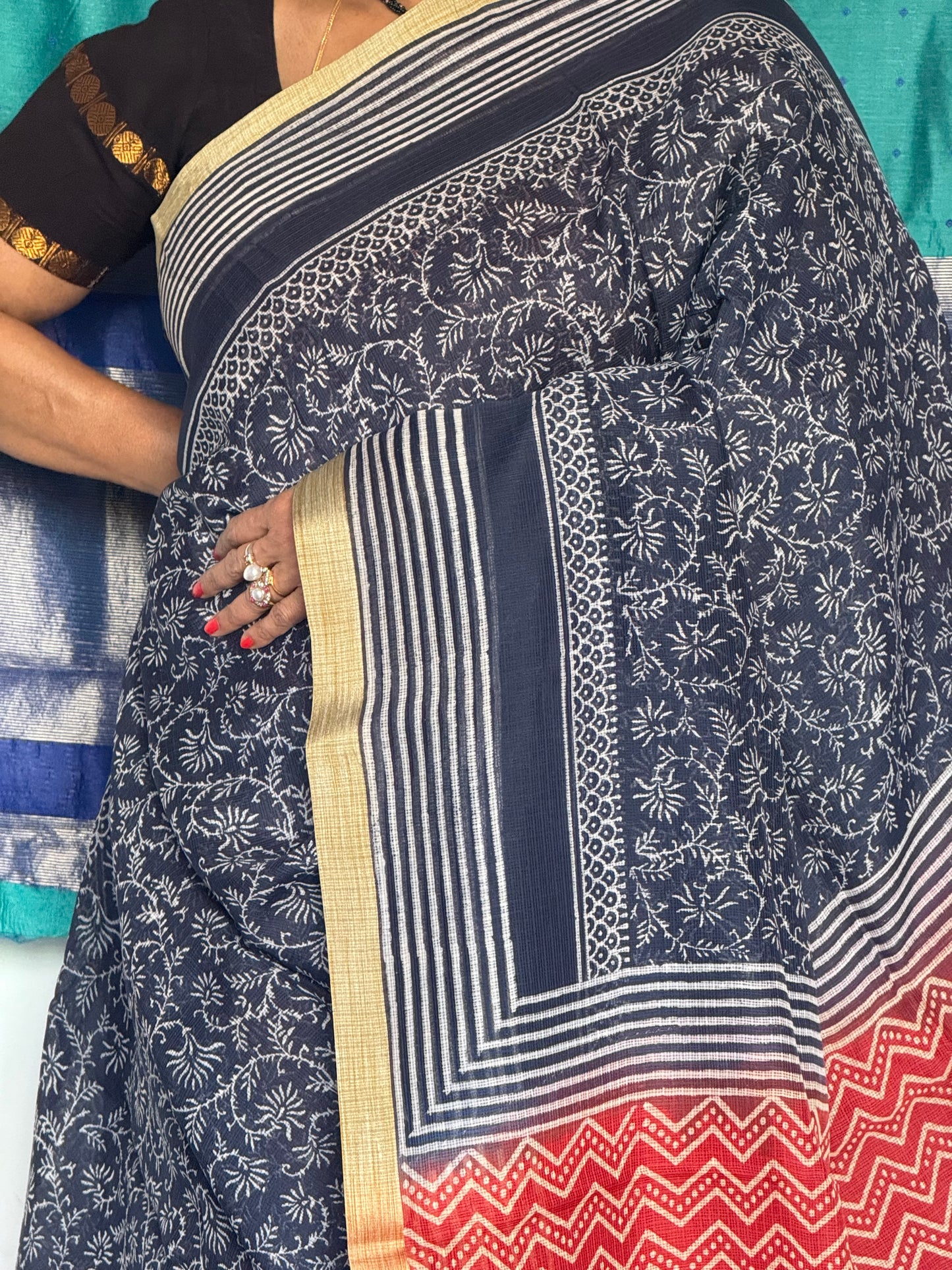 Indigo blue & white kota cotton saree