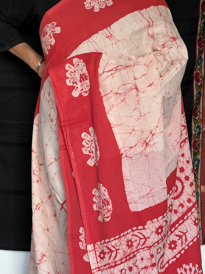 Red and white jaipur cotton saree