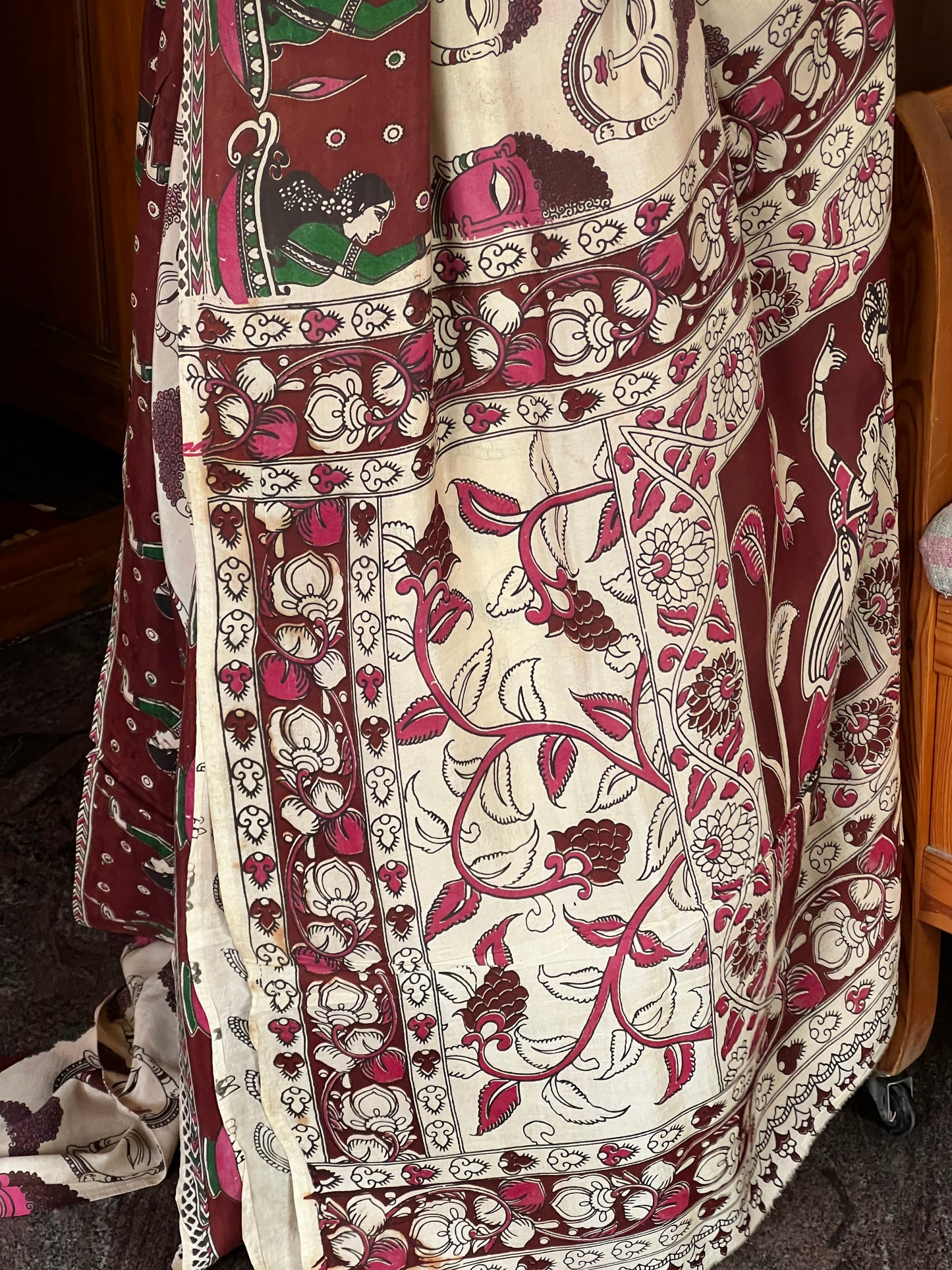 Beige & maroon cotton Kalamkari  saree