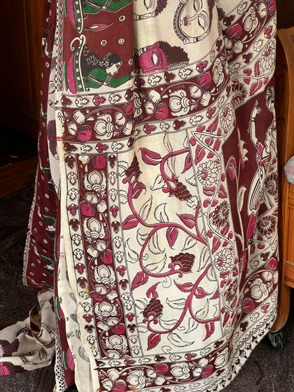 Beige & maroon cotton Kalamkari  saree