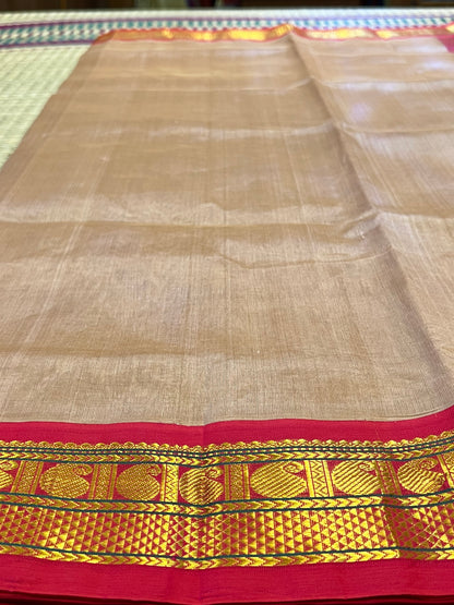 Beige & pink silk cotton saree
