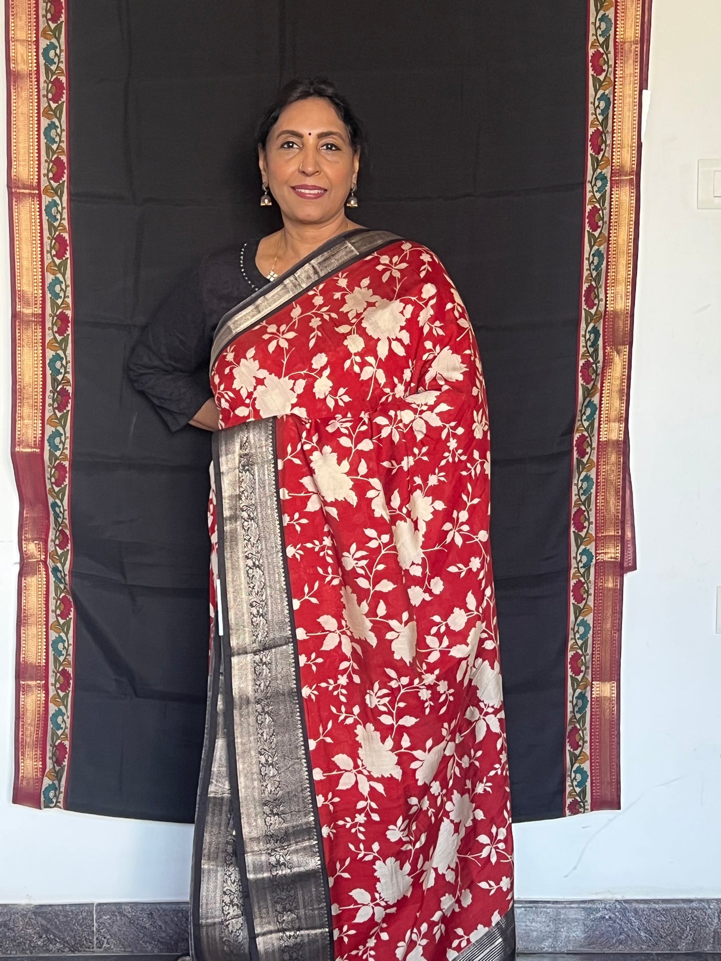 Red & black semi crepe silk saree