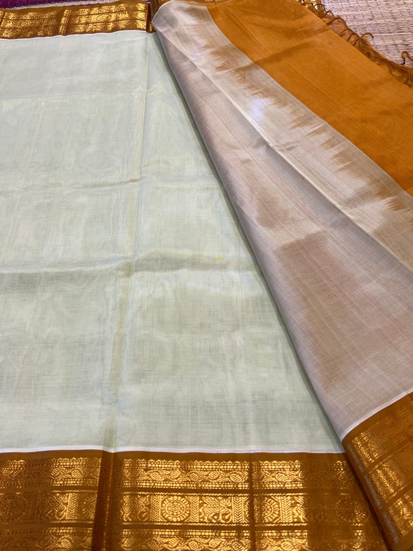 Mustard & pista green silk cotton saree