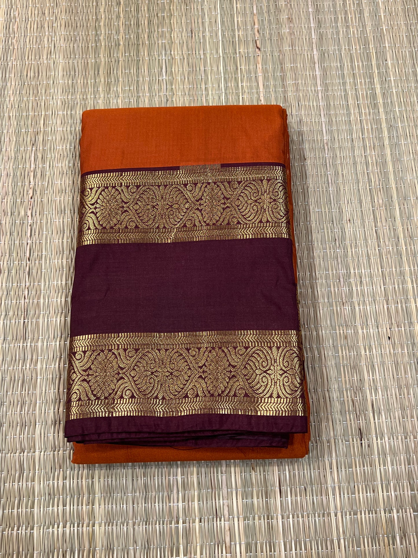 Rust Orange & brown semi silk saree
