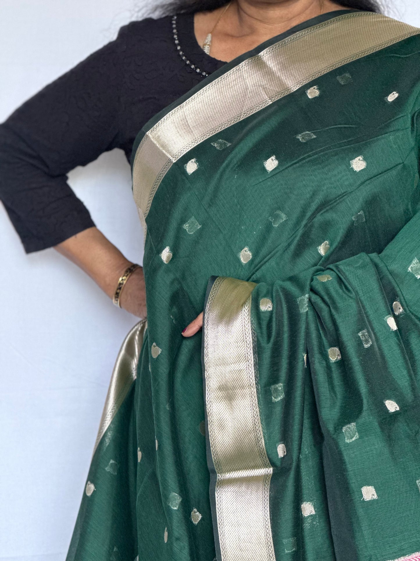Semi Silk Cotton saree - Green & Pink