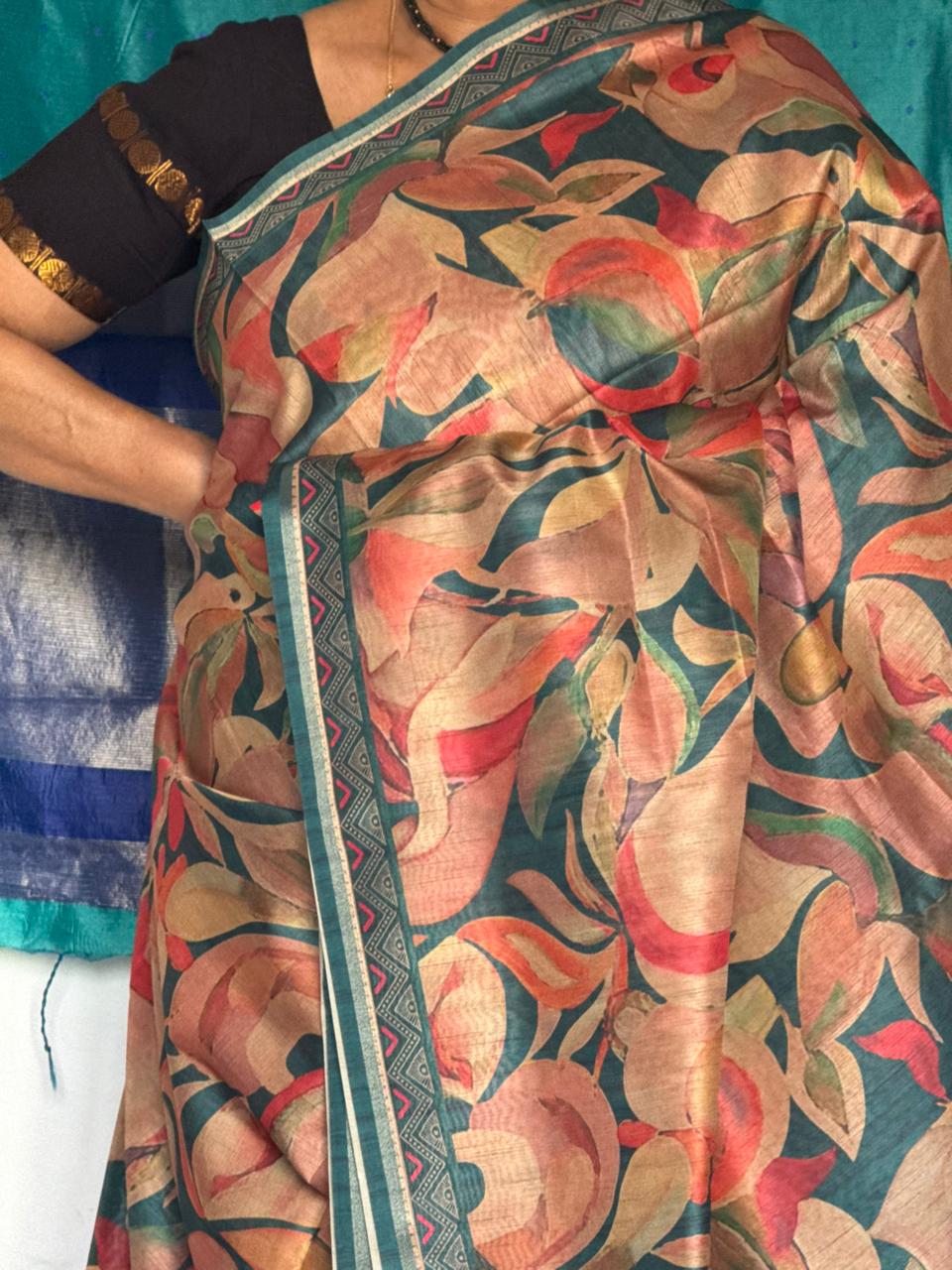 Dark turquoise & Pink Floral semi Tussar silk