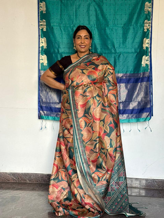 Dark turquoise & Pink Floral semi Tussar silk