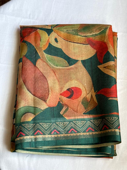 Dark turquoise & Pink Floral semi Tussar silk