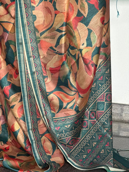 Dark turquoise & Pink Floral semi Tussar silk