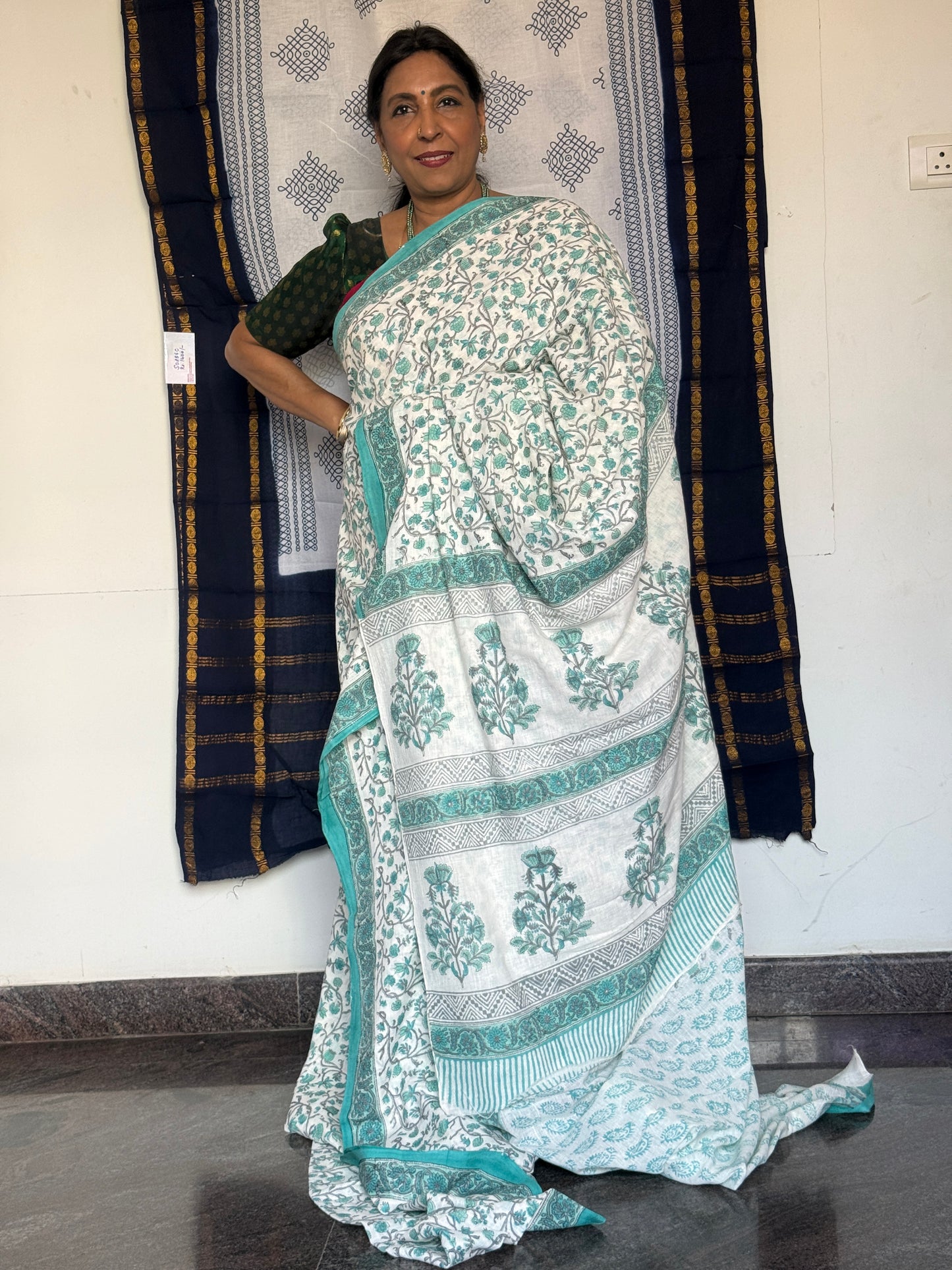 White & turquoise khadi cotton saree